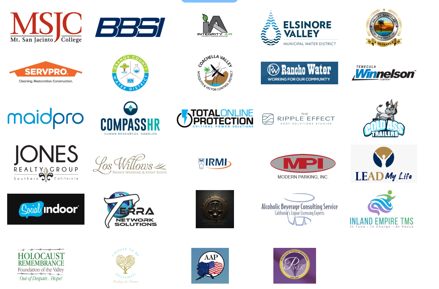 Client logos across manufacturing, B2B services, legal, wineries, municipal water, education and more