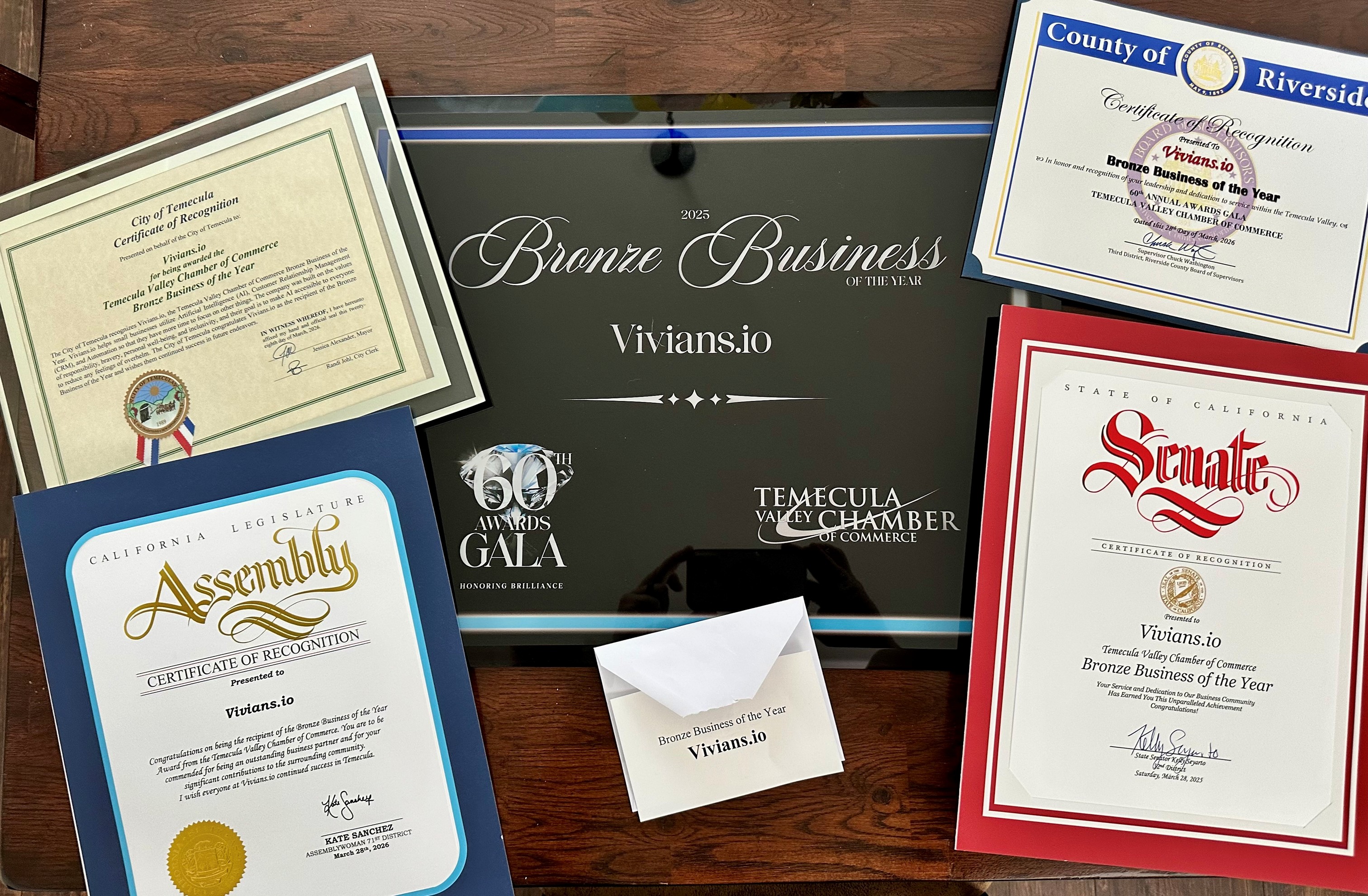 Certificates and Bronze Business of the Year award from Temecula Valley Chamber, City of Temecula, County of Riverside, California Senate and Assembly